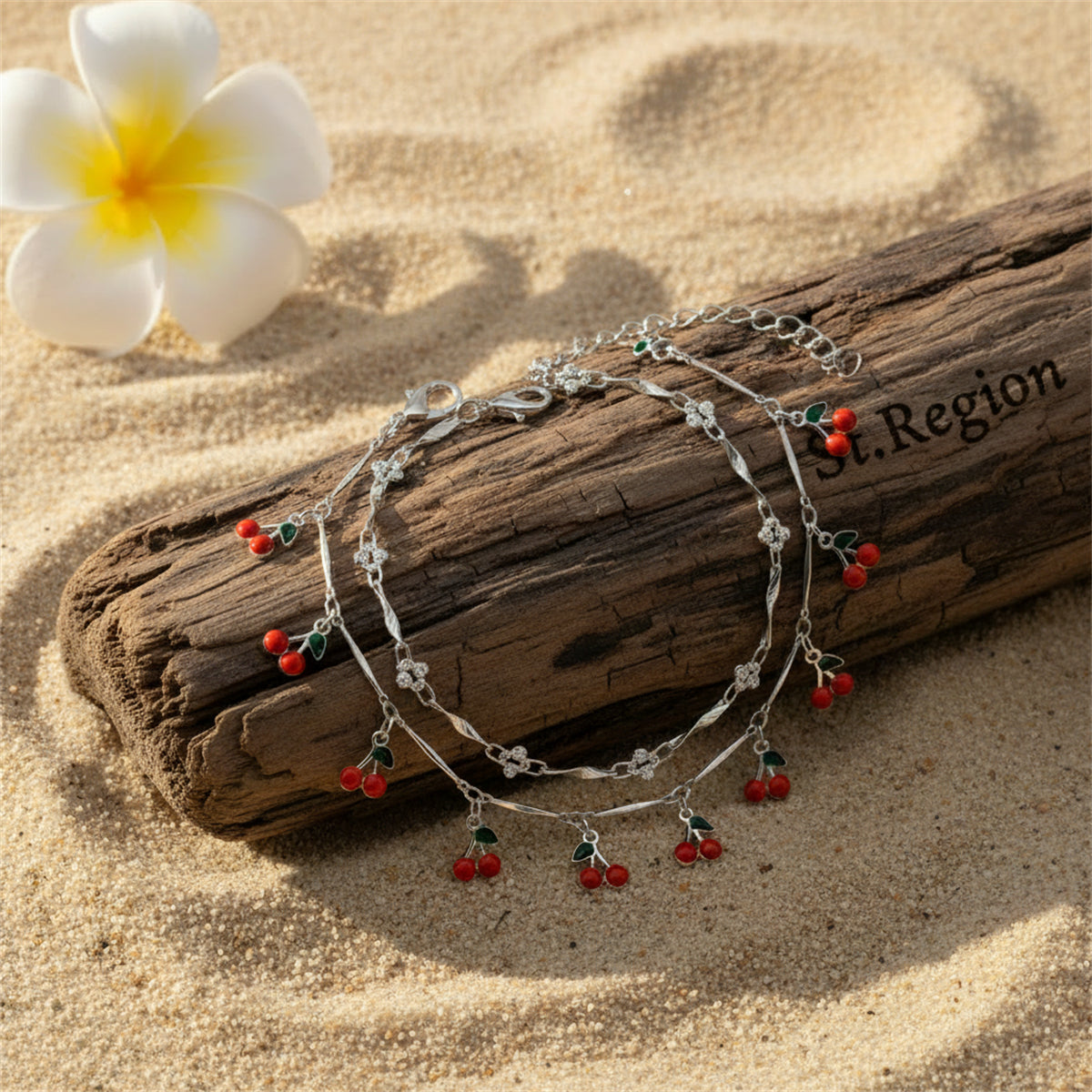 Red Enamel & Silvertone Cherry Tassel Anklet Set - Street Region