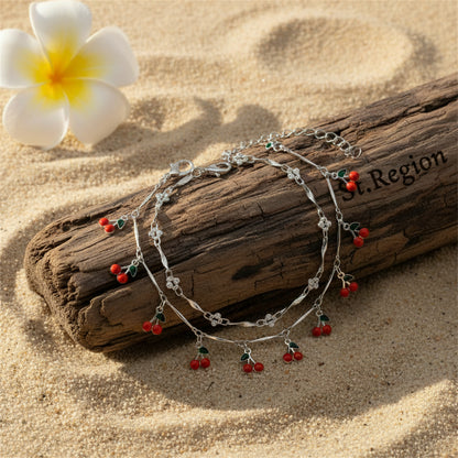 Red Enamel & Silvertone Cherry Tassel Anklet Set - Street Region