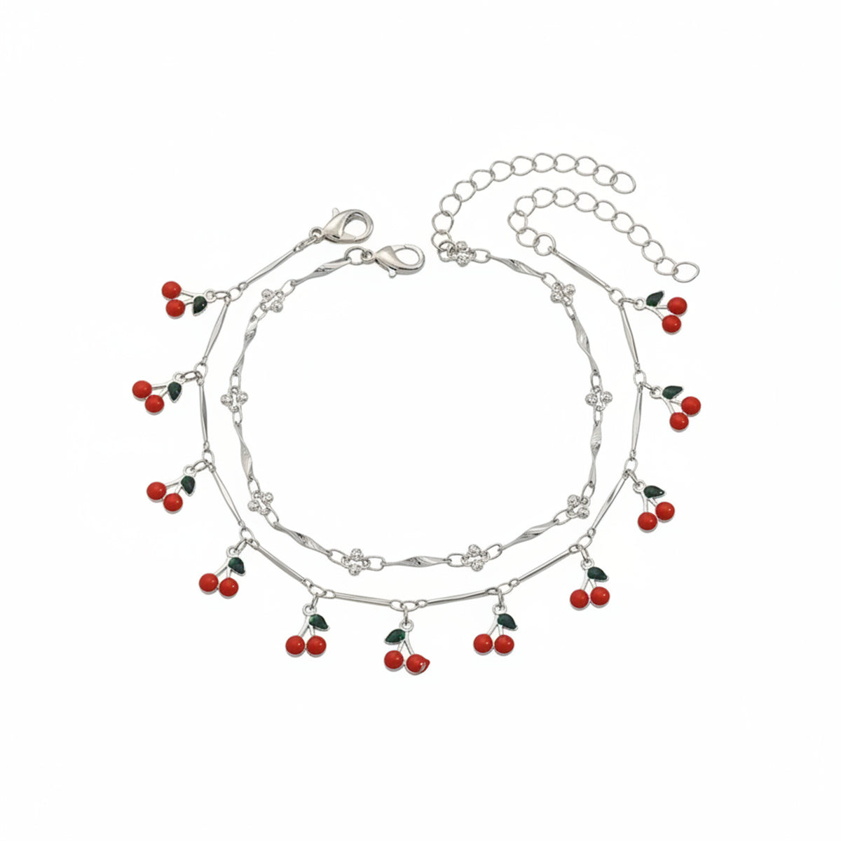 Red Enamel & Silvertone Cherry Tassel Anklet Set - Street Region