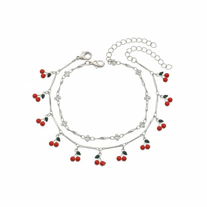 Red Enamel & Silvertone Cherry Tassel Anklet Set - Street Region