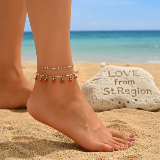 Red Enamel & Silvertone Cherry Tassel Anklet Set - Street Region