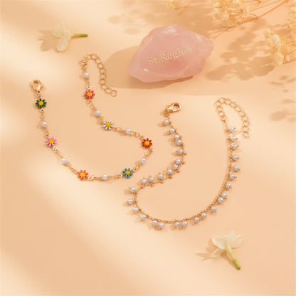 Pearl & Multi-Colored Enamel Goldtone Mum Stations Chain Anklet Set - Street Region