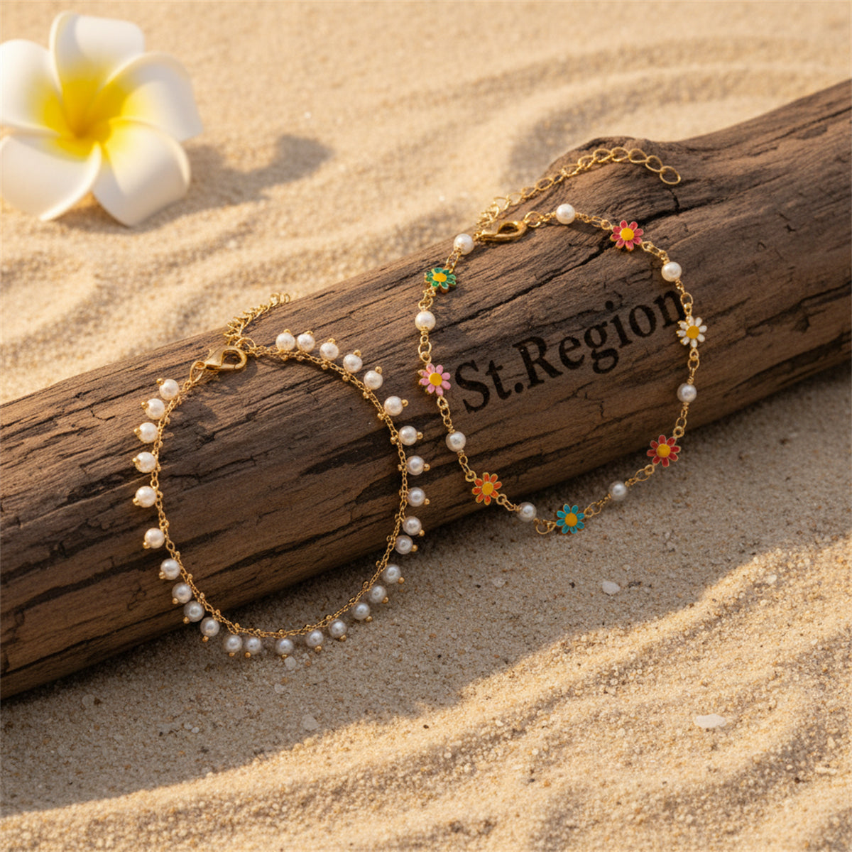 Pearl & Multi-Colored Enamel Goldtone Mum Stations Chain Anklet Set - Street Region