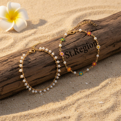 Pearl & Multi-Colored Enamel Goldtone Mum Stations Chain Anklet Set - Street Region