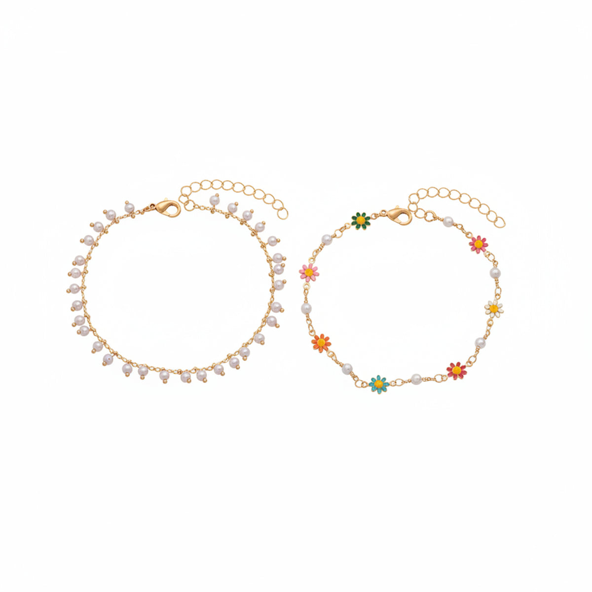 Pearl & Multi-Colored Enamel Goldtone Mum Stations Chain Anklet Set - Street Region