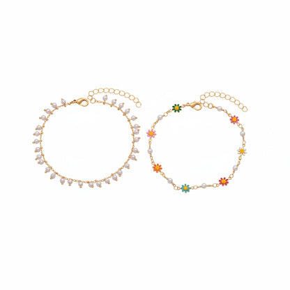 Pearl & Multi-Colored Enamel Goldtone Mum Stations Chain Anklet Set - Street Region
