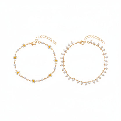 Pearl & White Enamel Goldtone Mum Stations Chain Anklet Set - Street Region
