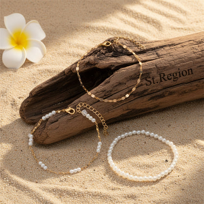 Pearl & Goldtone Beads Lip-Shape Chain Anklet Set - Street Region
