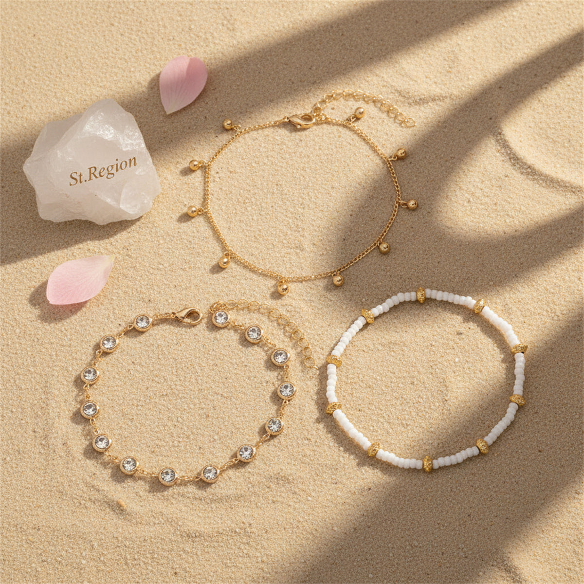 Clear Crystal & White Howlite Goldtone Round Station Anklet Set - Street Region