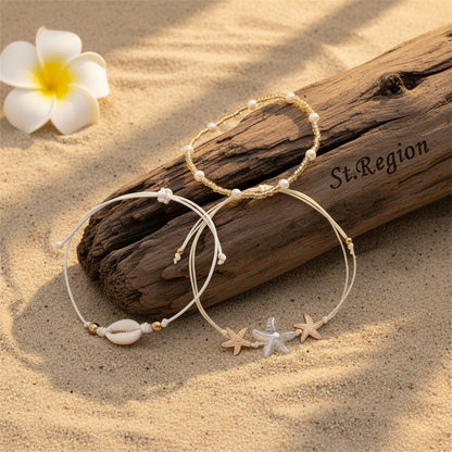Pearl & Acrylic Polyster Goldtone Shell Starfish Charm Anklet Set - Street Region