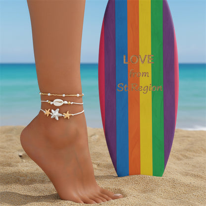 Pearl & Acrylic Polyster Goldtone Shell Starfish Charm Anklet Set - Street Region
