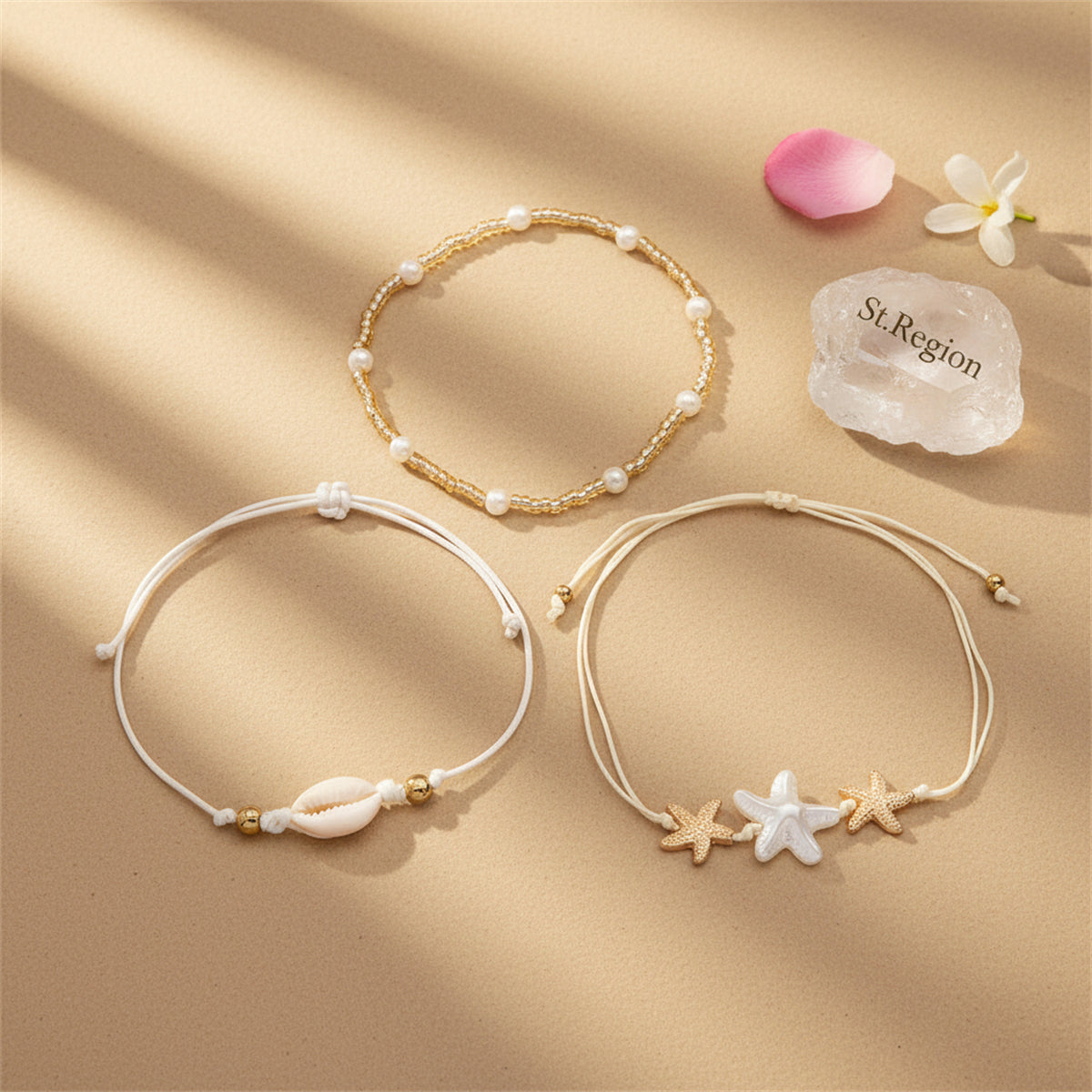 Pearl & Acrylic Polyster Goldtone Shell Starfish Charm Anklet Set - Street Region