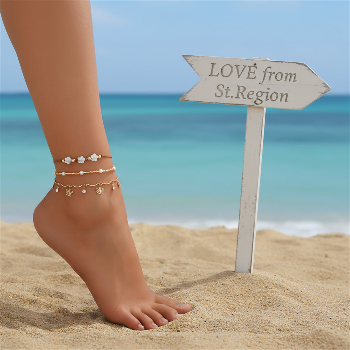White Resin & Pearl Cubic Zirconia Goldtone Flower Butterfly Tassel Anklet Set - Street Region
