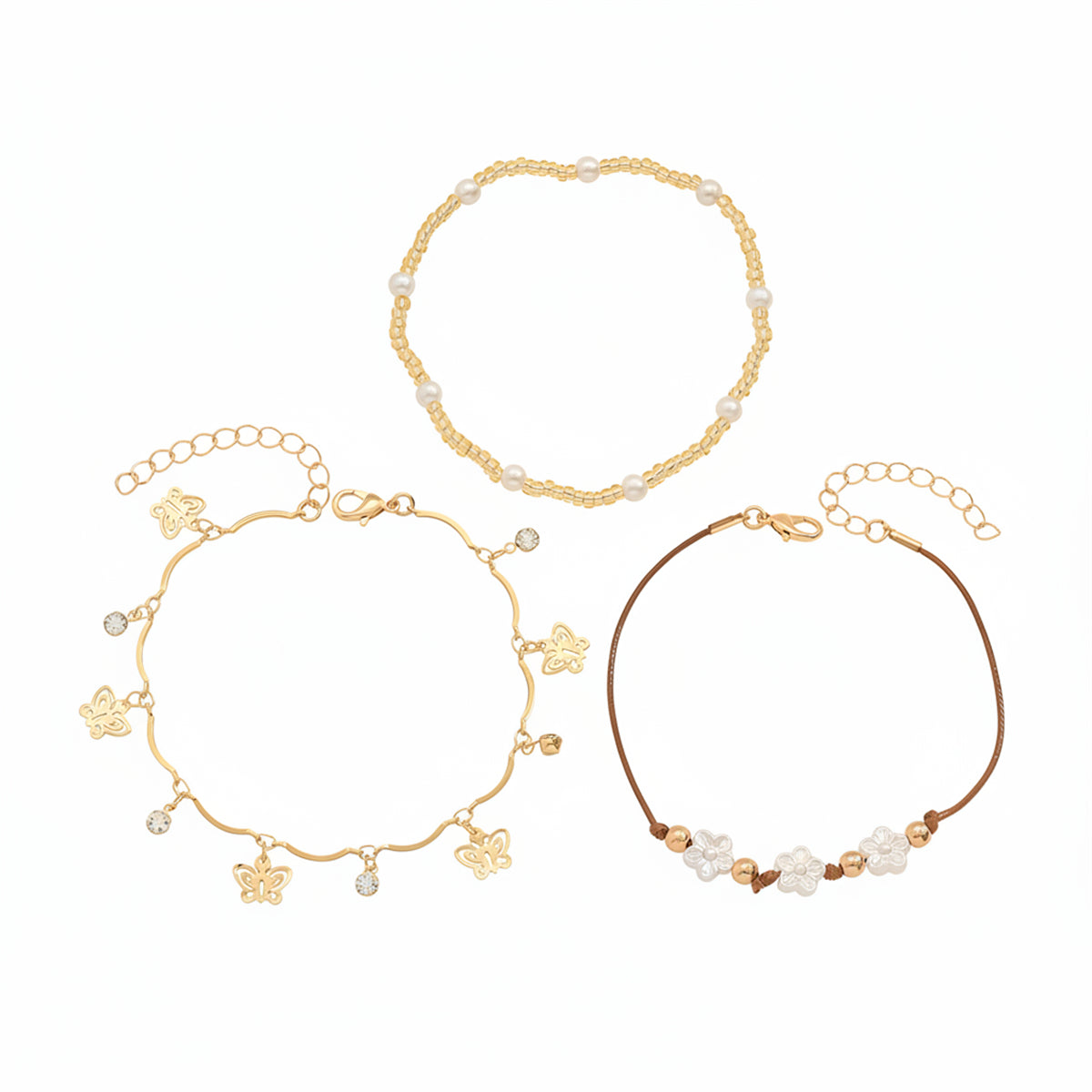 White Resin & Pearl Cubic Zirconia Goldtone Flower Butterfly Tassel Anklet Set - Street Region