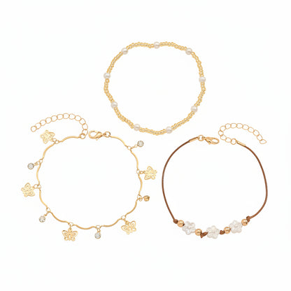 White Resin & Pearl Cubic Zirconia Goldtone Flower Butterfly Tassel Anklet Set - Street Region