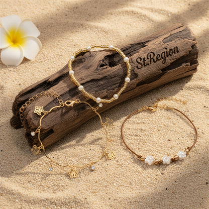 White Resin & Pearl Cubic Zirconia Goldtone Flower Butterfly Tassel Anklet Set - Street Region