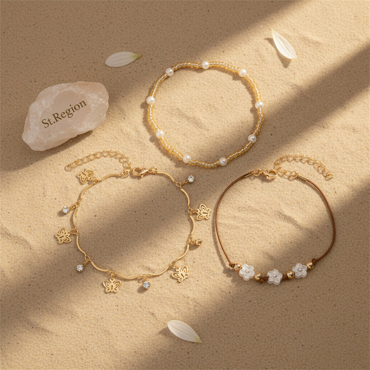 White Resin & Pearl Cubic Zirconia Goldtone Flower Butterfly Tassel Anklet Set - Street Region