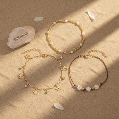 White Resin & Pearl Cubic Zirconia Goldtone Flower Butterfly Tassel Anklet Set - Street Region