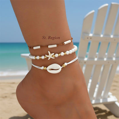Pearl & White Resin Goldtone Cylinder Starfish Shell Charm Anklet Set - Street Region