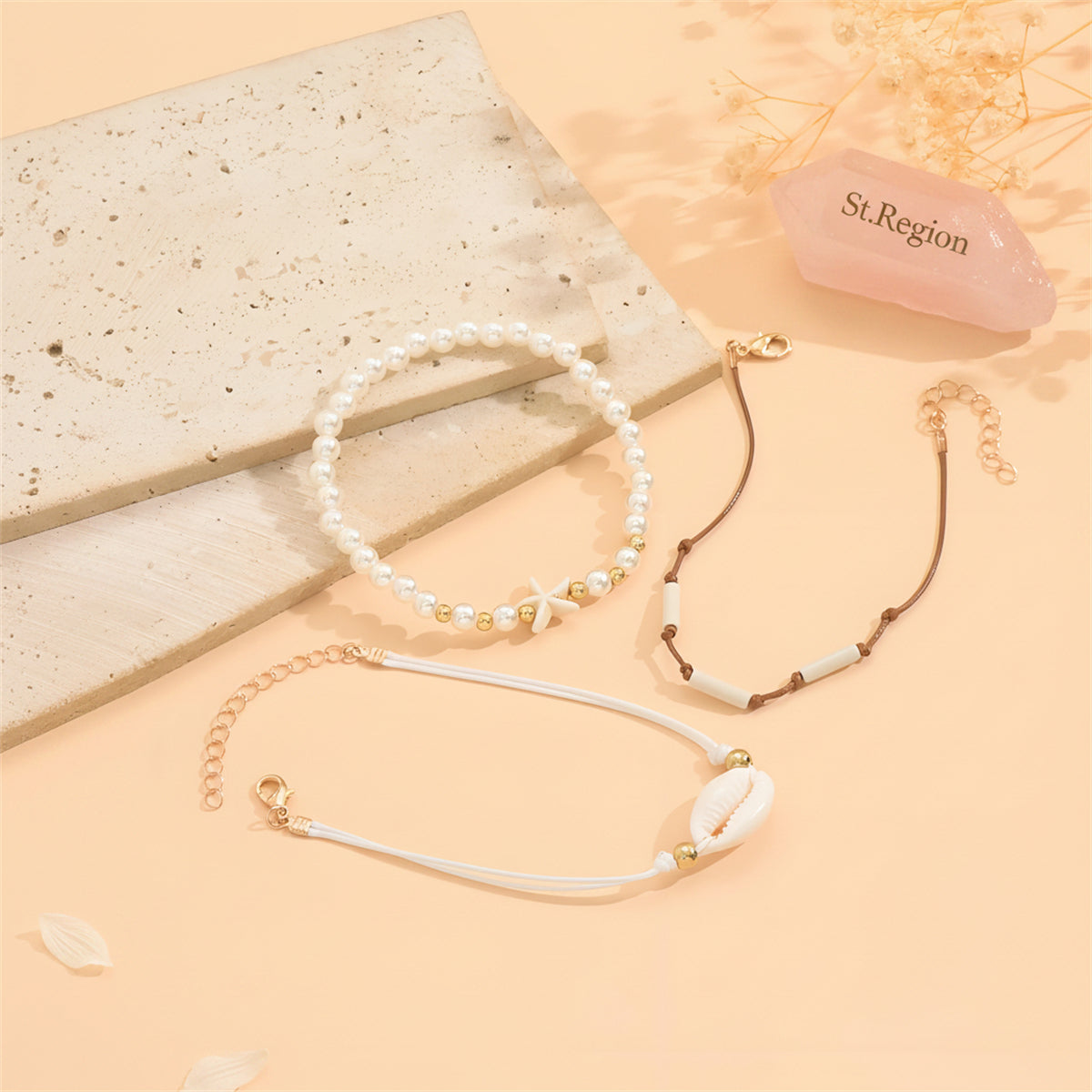 Pearl & White Resin Goldtone Cylinder Starfish Shell Charm Anklet Set - Street Region