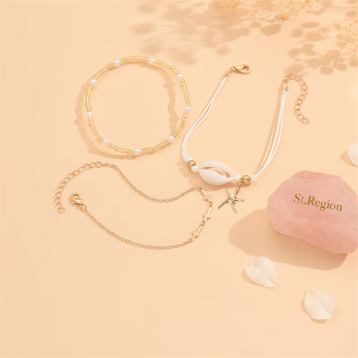 Pearl & Acrylic Shell Goldtone Cross Chain Starfish Charm Anklet Set - Street Region