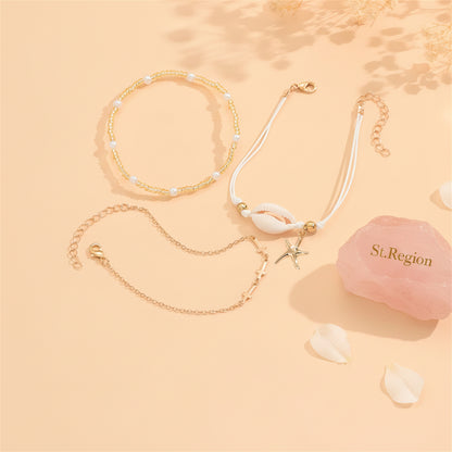 Pearl & Acrylic Shell Goldtone Cross Chain Starfish Charm Anklet Set - Street Region