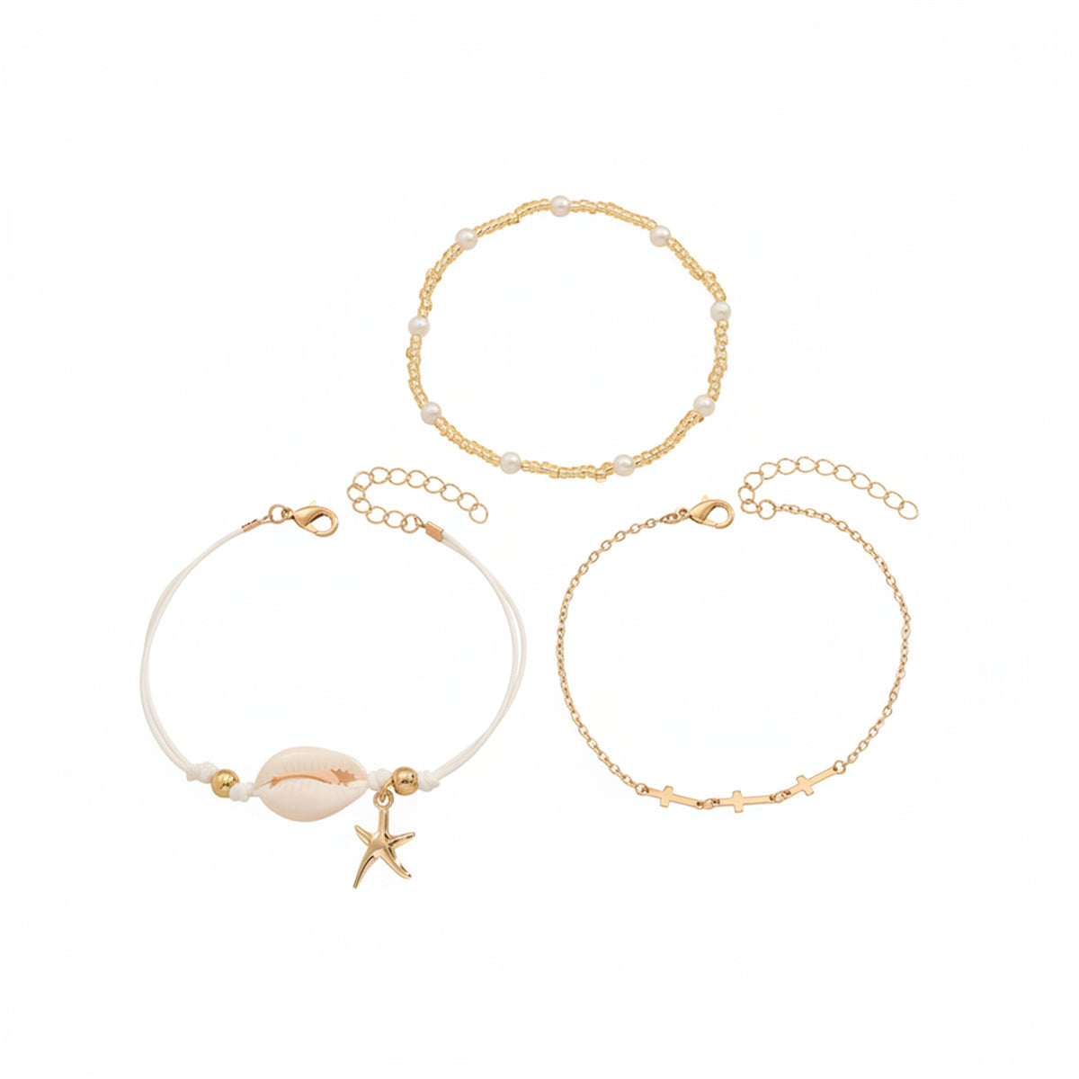 Pearl & Acrylic Shell Goldtone Cross Chain Starfish Charm Anklet Set - Street Region