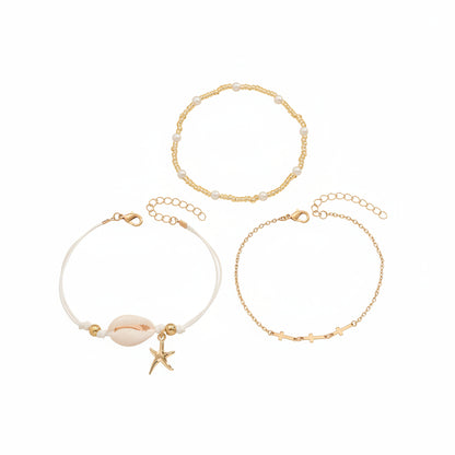Pearl & Acrylic Shell Goldtone Cross Chain Starfish Charm Anklet Set - Street Region