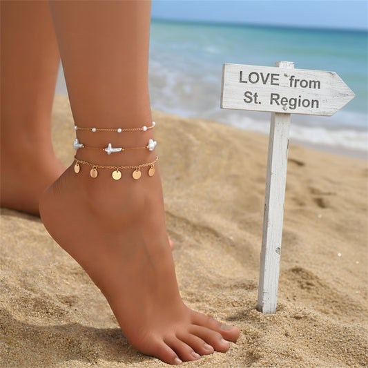 Cross Shape Pearl & Goldtone Sequin Tassel Anklet Set - Street Region
