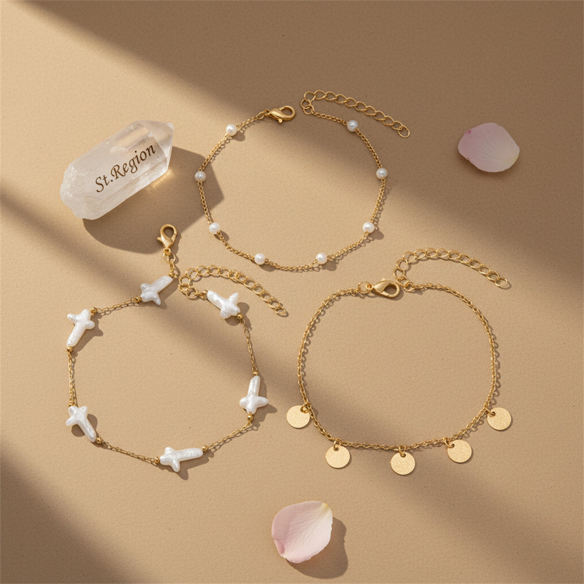 Cross Shape Pearl & Goldtone Sequin Tassel Anklet Set - Street Region