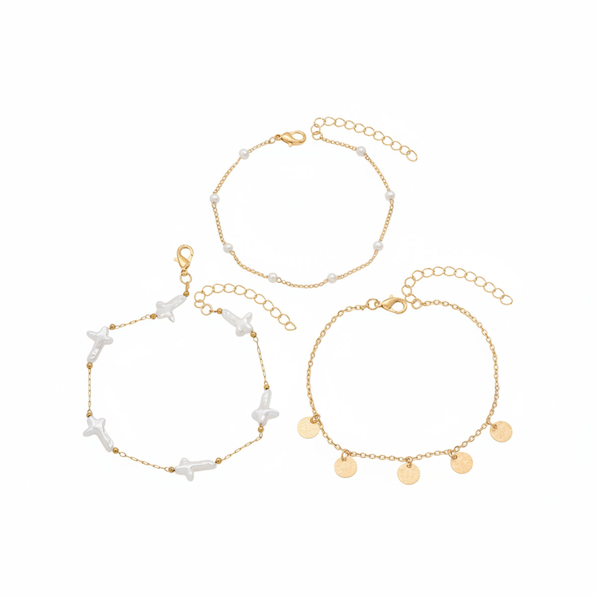 Cross Shape Pearl & Goldtone Sequin Tassel Anklet Set - Street Region