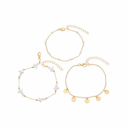 Cross Shape Pearl & Goldtone Sequin Tassel Anklet Set - Street Region