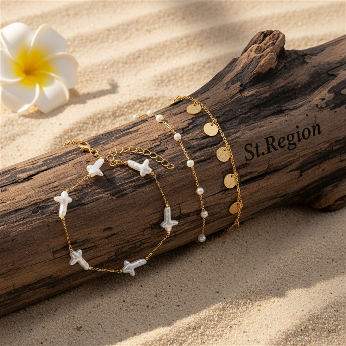 Cross Shape Pearl & Goldtone Sequin Tassel Anklet Set - Street Region