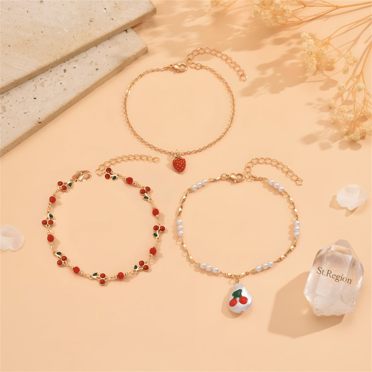 Enamel & Pearl Goldtone Strawberry Cherry Charm Tassel Anklet Set - Street Region