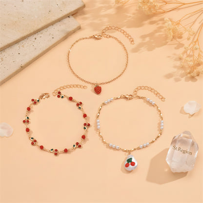 Enamel & Pearl Goldtone Strawberry Cherry Charm Tassel Anklet Set - Street Region