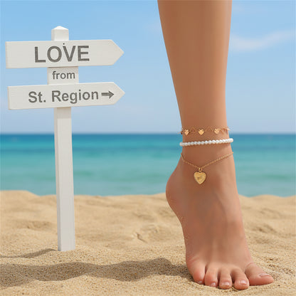 Pearl & Goldtone Heart Station Charm Anklet Set - Street Region