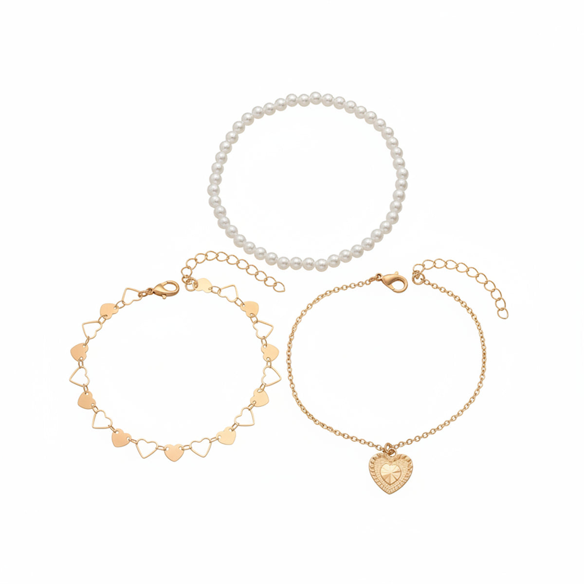 Pearl & Goldtone Heart Station Charm Anklet Set - Street Region