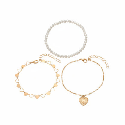 Pearl & Goldtone Heart Station Charm Anklet Set - Street Region