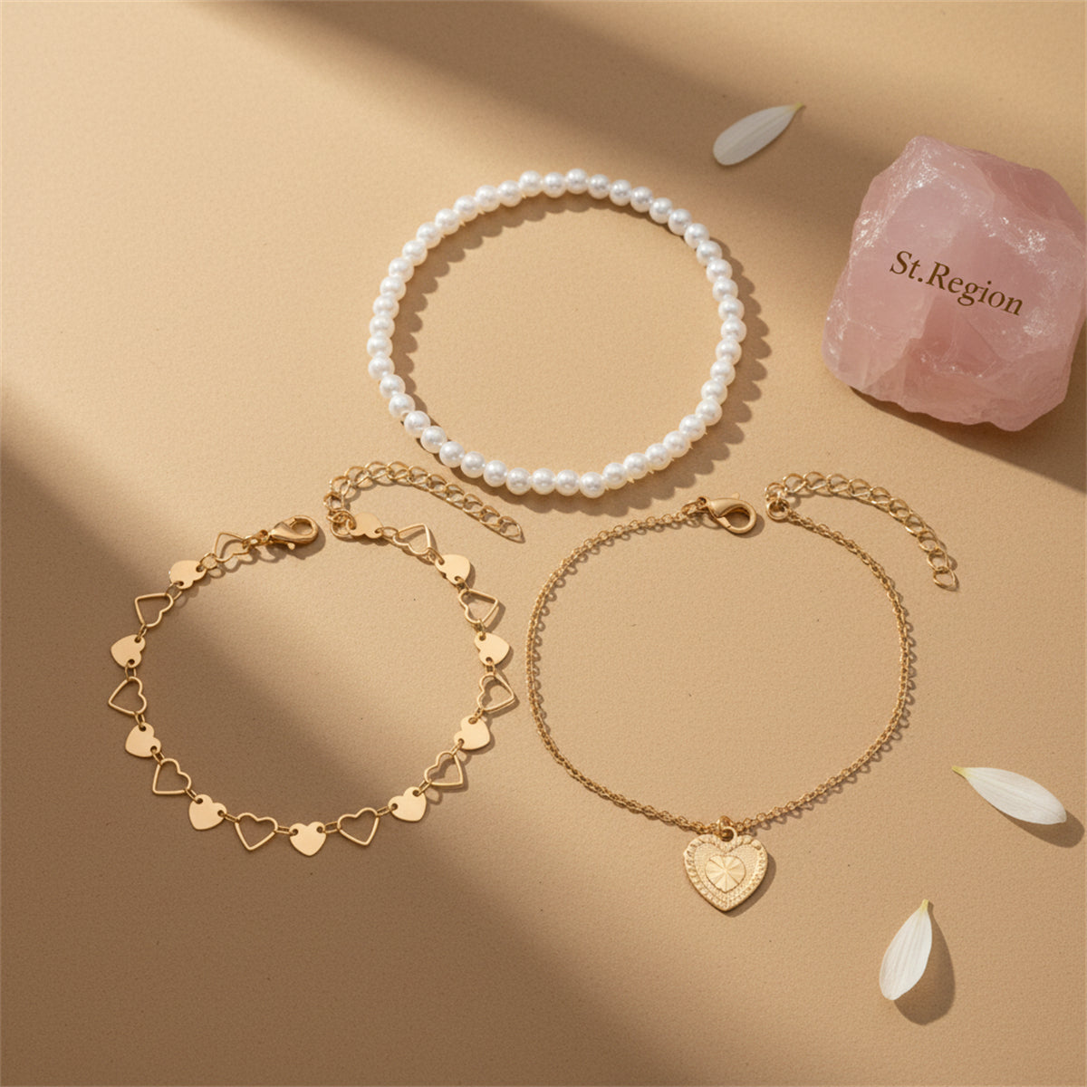 Pearl & Goldtone Heart Station Charm Anklet Set - Street Region