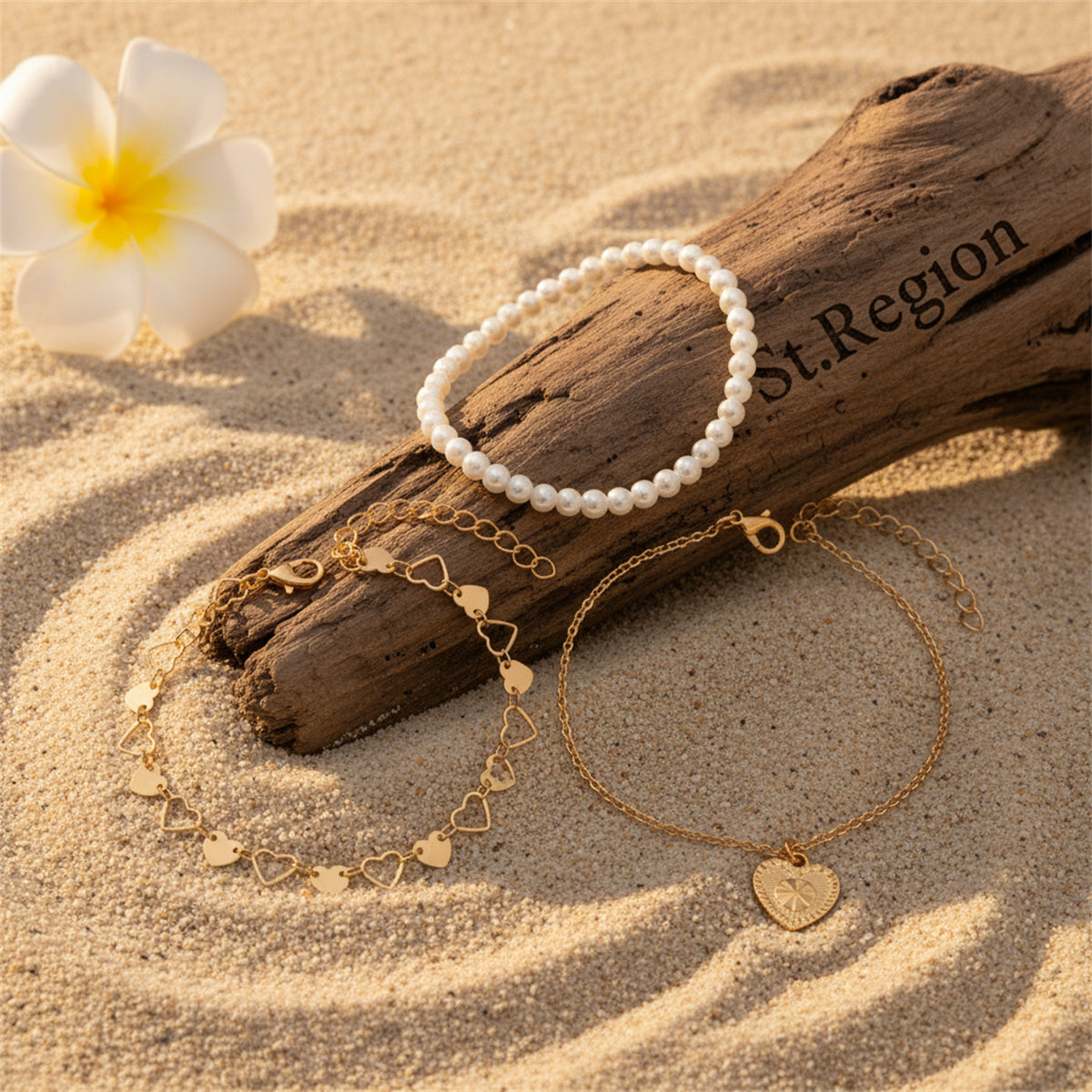 Pearl & Goldtone Heart Station Charm Anklet Set - Street Region