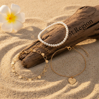 Pearl & Goldtone Heart Station Charm Anklet Set - Street Region