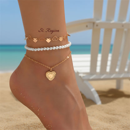 Pearl & Goldtone Heart Station Charm Anklet Set - Street Region