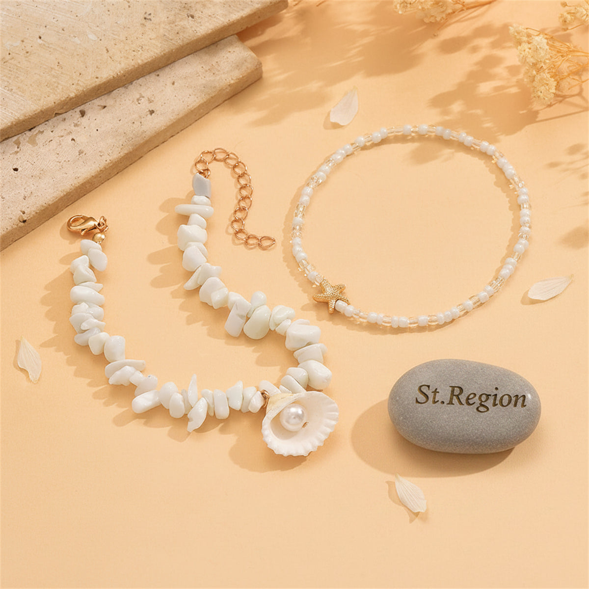 White Turqouise & Howlite Pearl Goldtone Shell Charm Anklet Set - Street Region