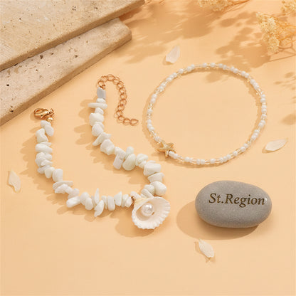 White Turqouise & Howlite Pearl Goldtone Shell Charm Anklet Set - Street Region
