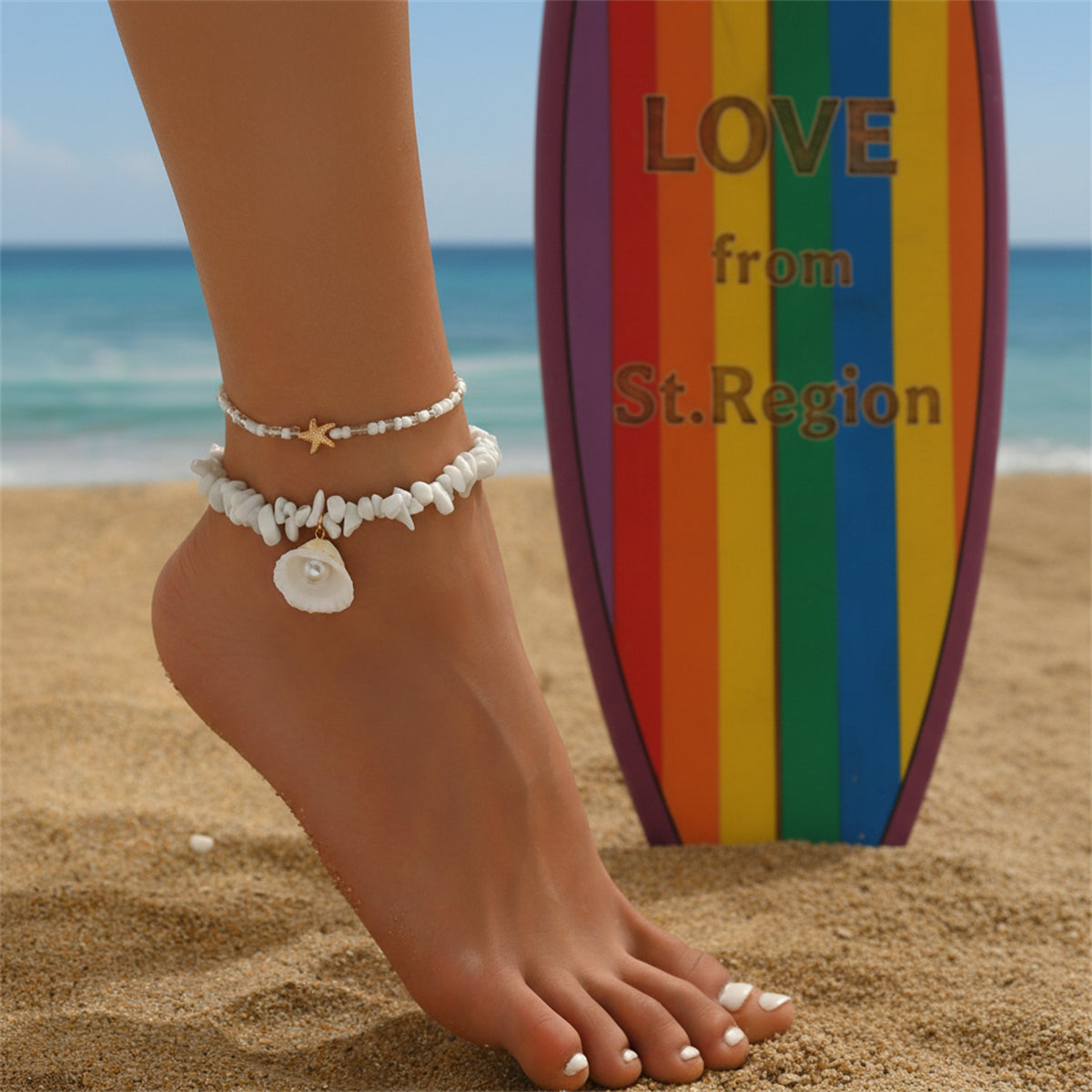 White Turqouise & Howlite Pearl Goldtone Shell Charm Anklet Set - Street Region