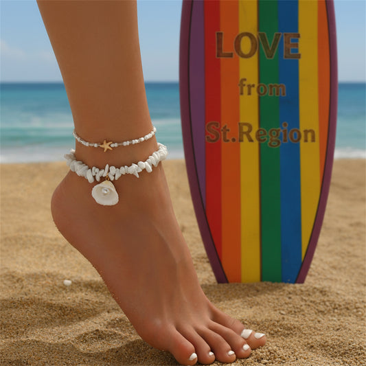 White Turqouise & Howlite Pearl Goldtone Shell Charm Anklet Set - Street Region
