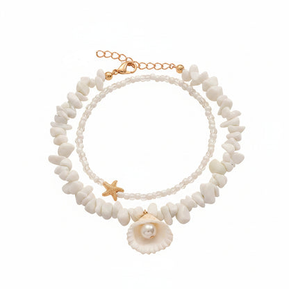White Turqouise & Howlite Pearl Goldtone Shell Charm Anklet Set - Street Region