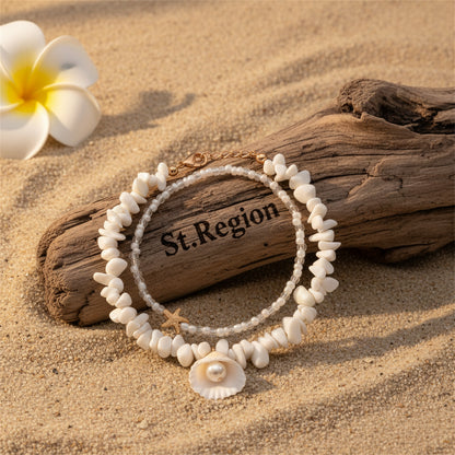 White Turqouise & Howlite Pearl Goldtone Shell Charm Anklet Set - Street Region