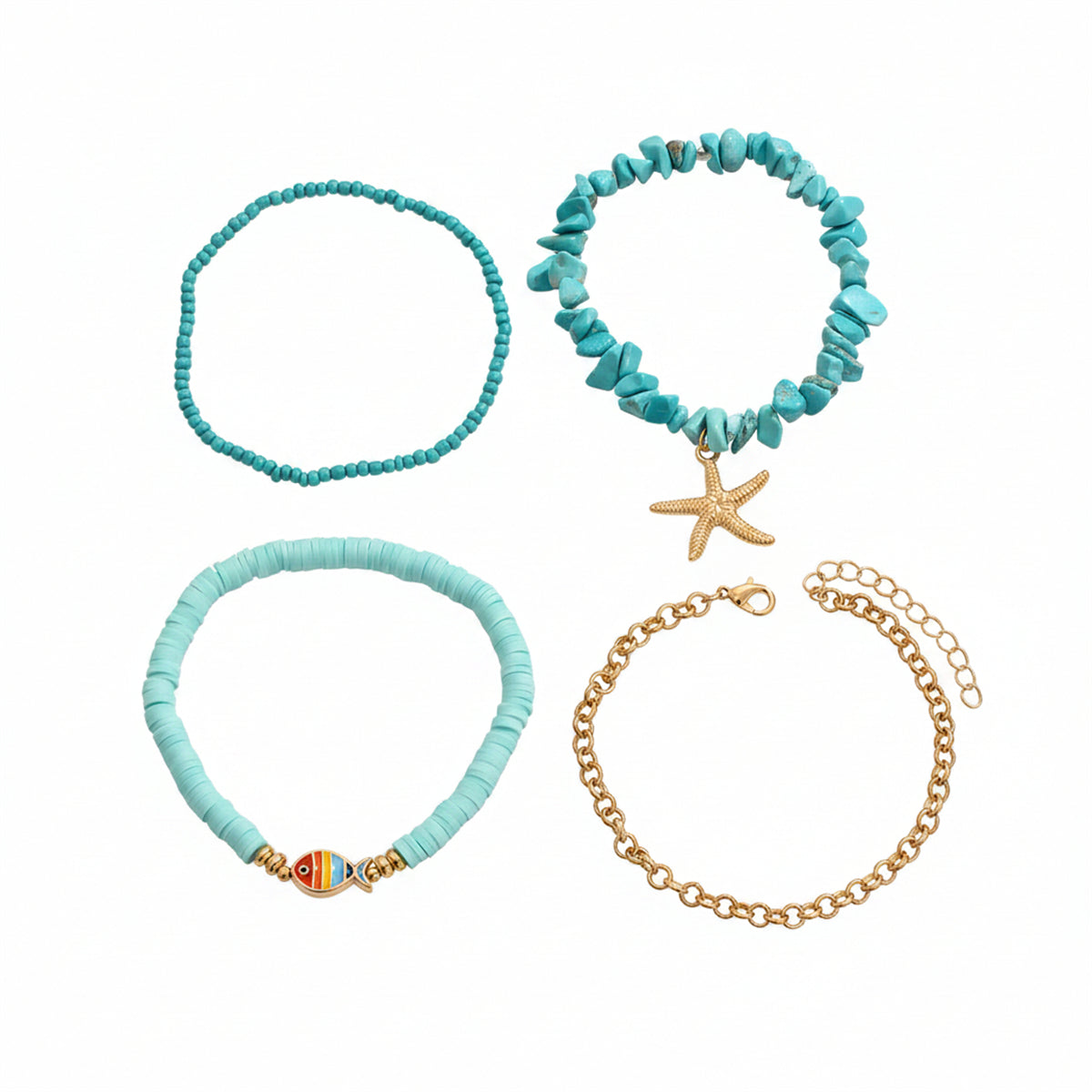 Polymer Clay & Turqouise Enamel Goldtone Fish Charm Stretch Anklet Set - Street Region