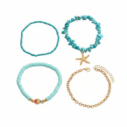 Polymer Clay & Turqouise Enamel Goldtone Fish Charm Stretch Anklet Set - Street Region